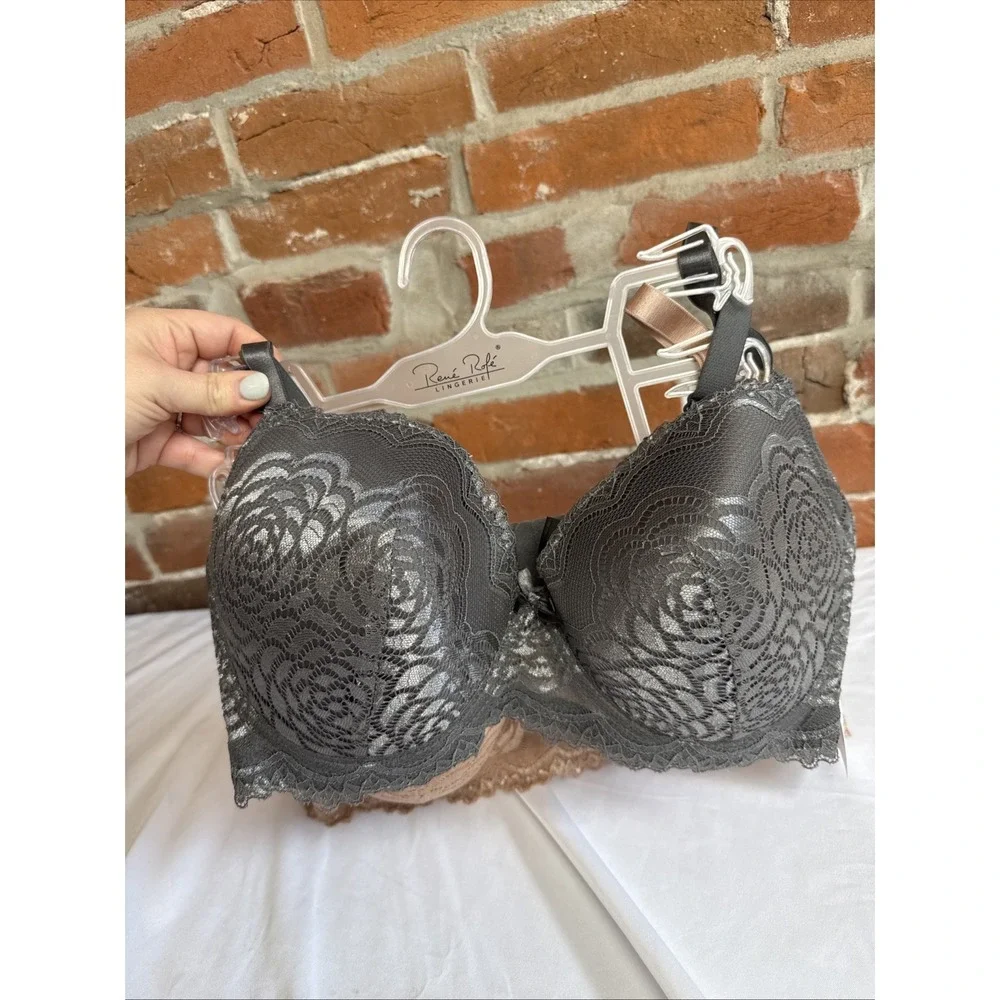 RENE ROFE NEW 38DD Bra Pink And Charcoal Lace Wire Light Padding Nordstrom NWT - Picture 2 of 6